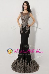 Mermaid Scoop Black Zipper Red Carpet Gowns Appliques Sleeveless Floor Length Brush Train