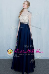 Beautiful Navy Blue Column/Sheath Scoop Cap Sleeves Chiffon Floor Length Zipper Beading and Ruching Mother Of The Bride Dress