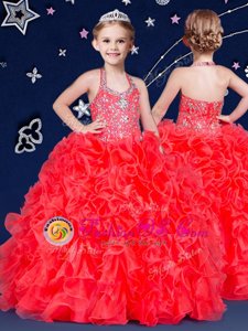 Coral Red Halter Top Neckline Beading and Ruffles Toddler Flower Girl Dress Sleeveless Zipper