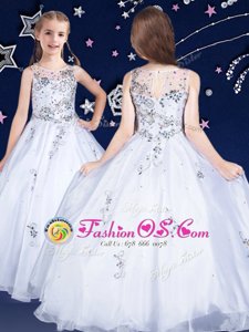 Ball Gowns Kids Pageant Dress White Scoop Organza Sleeveless Floor Length Zipper