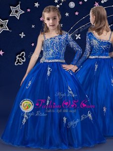 Cheap Sleeveless Floor Length Beading Zipper Girls Pageant Dresses with Royal Blue