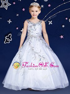 White Zipper Scoop Beading Girls Pageant Dresses Organza Sleeveless