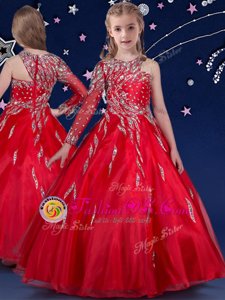 Noble Red Zipper Asymmetric Beading and Ruffles Child Pageant Dress Organza Sleeveless