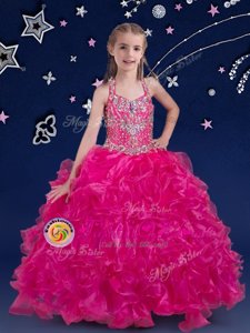 Elegant Halter Top Floor Length Fuchsia Kids Formal Wear Organza Sleeveless Beading and Ruffles