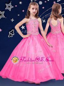 Stunning Halter Top Beading Flower Girl Dresses Hot Pink Zipper Sleeveless Floor Length