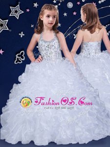 Fashion Halter Top White Ball Gowns Beading and Ruffles Little Girls Pageant Gowns Lace Up Organza Sleeveless Floor Length