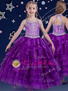 Cute Eggplant Purple Flower Girl Dresses Quinceanera and Wedding Party and For with Beading and Ruffled Layers Halter Top Sleeveless Zipper