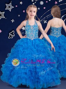 Customized Halter Top Baby Blue Ball Gowns Beading and Ruffles Little Girls Pageant Dress Wholesale Zipper Organza Sleeveless Floor Length