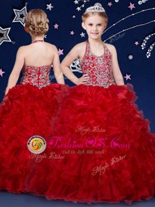 Pretty Wine Red Organza Zipper Halter Top Sleeveless Floor Length Toddler Flower Girl Dress Beading and Ruffles