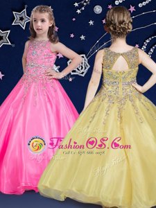 Chic Hot Pink Ball Gowns Scoop Sleeveless Organza Floor Length Zipper Beading Little Girls Pageant Dress Wholesale