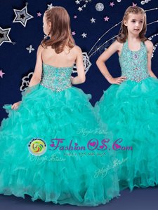 Top Selling Halter Top Floor Length Zipper Little Girls Pageant Dress Wholesale Turquoise and In for Quinceanera and Wedding Party with Beading and Ruffles