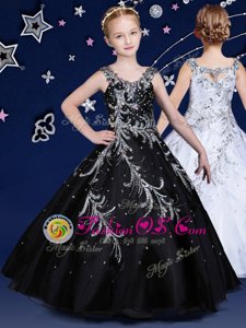 Best Scoop Beading Girls Pageant Dresses Black Zipper Sleeveless Floor Length