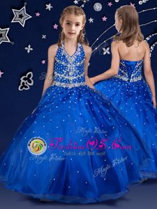 Halter Top Sleeveless Little Girls Pageant Dress Wholesale Floor Length Beading Royal Blue Organza