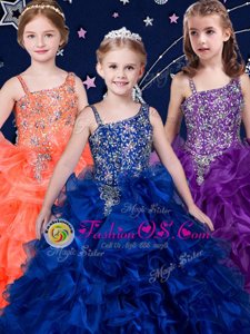 Exquisite Asymmetric Sleeveless Organza Flower Girl Dresses Beading and Ruffles Lace Up