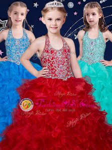 Fantastic Halter Top Sleeveless Zipper Kids Formal Wear Wine Red and Baby Blue and Turquoise Organza