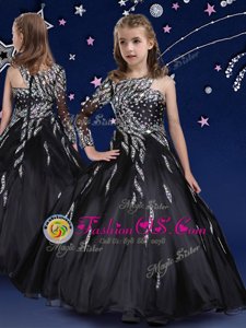Dazzling Black Asymmetric Zipper Beading and Ruffles Little Girl Pageant Gowns Sleeveless