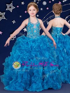 Halter Top Sleeveless Lace Up Floor Length Beading and Ruffles Flower Girl Dresses