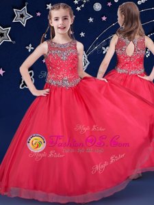 Spectacular Scoop Red Sleeveless Beading Floor Length Little Girls Pageant Gowns