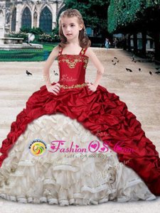 White and Wine Red Organza and Taffeta Lace Up Straps Sleeveless Floor Length Little Girls Pageant Gowns Beading and Appliques and Ruffles and Pick Ups