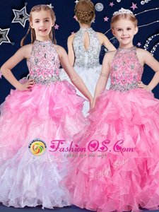 White and Pink And White Halter Top Zipper Beading and Ruffles Little Girls Pageant Gowns Sleeveless