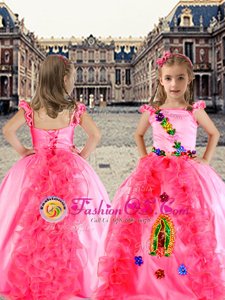 Spaghetti Straps Cap Sleeves Girls Pageant Dresses Floor Length Beading and Appliques and Ruffles Rose Pink Organza and Taffeta