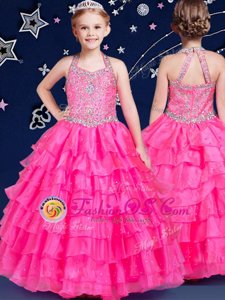Hot Pink Ball Gowns Halter Top Sleeveless Organza Floor Length Zipper Beading and Ruffled Layers Little Girl Pageant Gowns