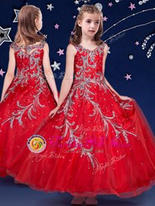 Fabulous Red Ball Gowns Organza Scoop Sleeveless Beading and Appliques Ankle Length Zipper Little Girls Pageant Dress