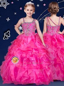 Asymmetric Sleeveless Flower Girl Dresses Floor Length Beading and Ruffles Hot Pink Organza