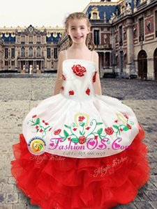 Chic Floor Length Ball Gowns Sleeveless White and Red Kids Formal Wear Lace Up