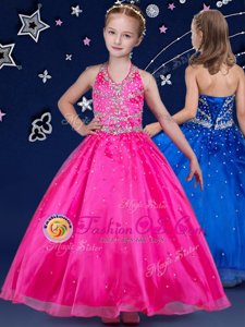 Comfortable Halter Top Sleeveless Lace Up Girls Pageant Dresses Hot Pink Organza
