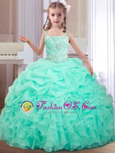 Pretty Straps Floor Length Apple Green Child Pageant Dress Organza Sleeveless Beading and Ruffles and Pick Ups