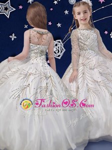 White Zipper Scoop Beading Flower Girl Dresses for Less Organza Long Sleeves