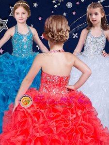 Customized White and Coral Red and Blue Organza Lace Up Halter Top Sleeveless Floor Length Little Girls Pageant Dress Wholesale Beading and Ruffles