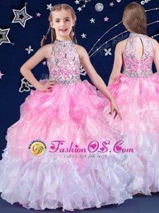 Best Halter Top Sleeveless Zipper Floor Length Beading and Ruffles Flower Girl Dress