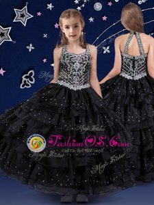 Halter Top Sleeveless Organza Floor Length Zipper Little Girl Pageant Gowns in Black for with Beading and Ruffled Layers