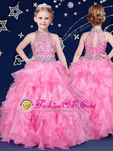 Halter Top Rose Pink Zipper Little Girl Pageant Gowns Beading and Ruffles Sleeveless Floor Length