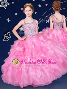 Floor Length Ball Gowns Sleeveless Rose Pink Flower Girl Dresses for Less Zipper