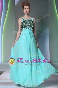 Fantastic Scoop Floor Length Aqua Blue Dress for Prom Chiffon Sleeveless Beading