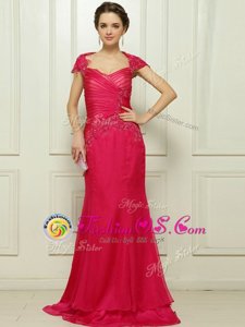 Cap Sleeves Chiffon With Train Sweep Train Backless Prom Gown in Hot Pink for with Beading
