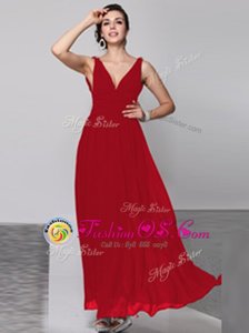 V-neck Sleeveless Prom Dress Floor Length Beading Wine Red Chiffon