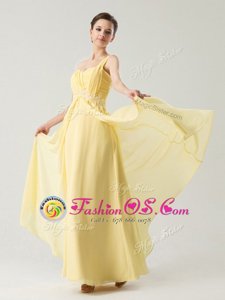 Ideal One Shoulder Light Yellow Chiffon Zipper Prom Gown Sleeveless Ankle Length Beading and Ruching