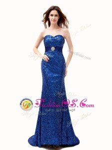 Eye-catching Mermaid Royal Blue Evening Dress Prom and Party and For with Beading and Belt Sweetheart Sleeveless Brush Train Lace Up
