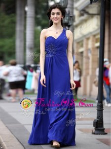 One Shoulder Floor Length Royal Blue Prom Evening Gown Chiffon Sleeveless Beading and Ruching