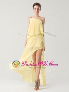 One Shoulder Yellow Sleeveless High Low Beading and Ruching Zipper Prom Evening Gown