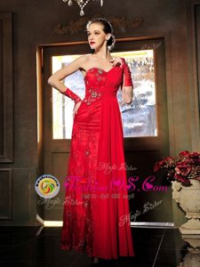 Eye-catching Red Satin Lace Up Dress for Prom Sleeveless Floor Length Beading and Ruching
