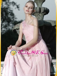 Hot Selling One Shoulder Floor Length Baby Pink Prom Dress Chiffon Sleeveless Ruching and Hand Made Flower