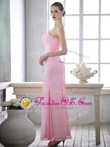 One Shoulder Baby Pink Chiffon Lace Up Homecoming Dress Sleeveless Ankle Length Ruching and Hand Made Flower
