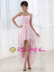 Stylish Sweetheart Sleeveless Cocktail Dresses High Low Beading Baby Pink Chiffon