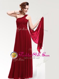 Fashionable One Shoulder Wine Red Sleeveless Ruching Floor Length Prom Dresses