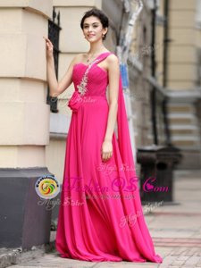 New Style One Shoulder Sleeveless Chiffon With Brush Train Zipper Prom Evening Gown in Hot Pink for with Beading and Sashes|ribbons and Ruching